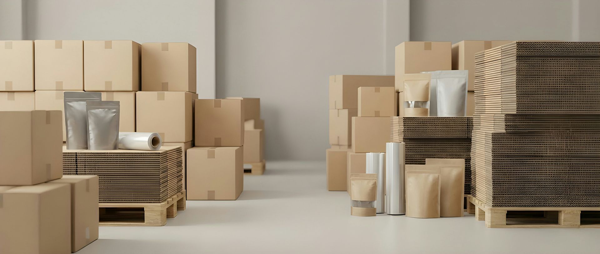 Cardboard boxes and packaging supplies in a warehouse.